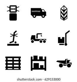 Cargo icons set. set of 9 cargo filled icons such as truck with hook, truck, no standing nearby, storage