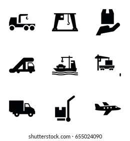 Cargo icons set. set of 9 cargo filled icons such as truck crane, truck with hook, delivery car