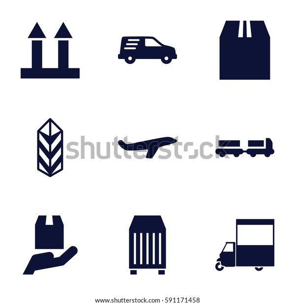 cargo icons set. Set of 9 cargo filled icons
such as truck with luggage, plane,
van