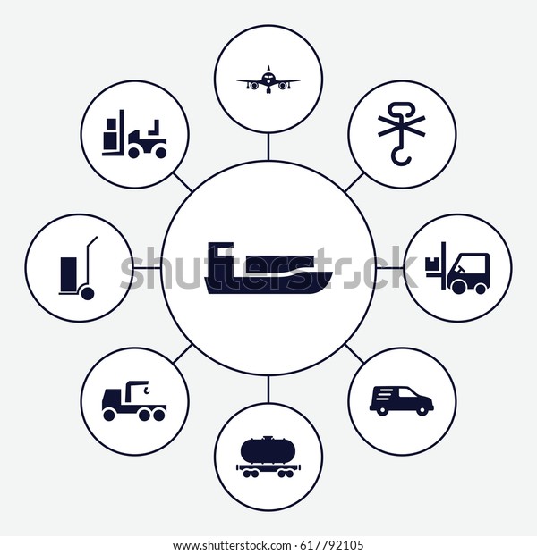 Cargo icons set. set of 9\
cargo filled icons such as plane, truck with hook, forklift,\
delivery car