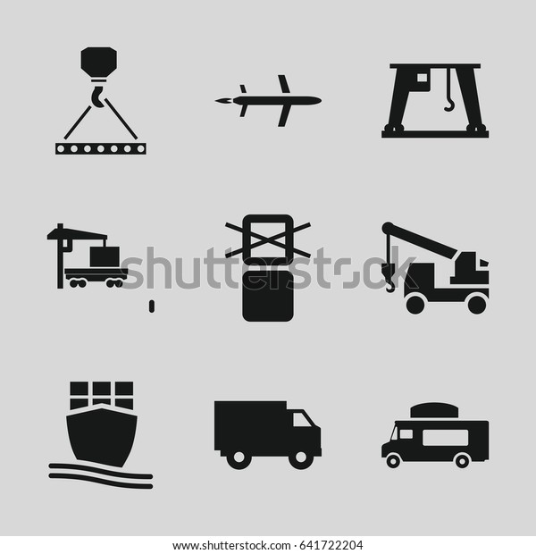 Cargo icons set. set of 9 cargo filled icons\
such as truck with hook, van,\
plane