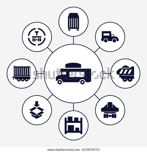 Cargo icons set. set of 9 cargo filled icons such\
as van, box, truck