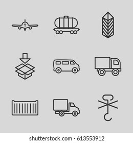 Cargo icons set. set of 9 cargo outline icons such as plane, van, delivery car, box