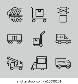 Cargo icons set. set of 9 cargo outline icons such as truck with hook, van, truck