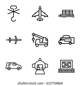 Cargo icons set. set of 9 cargo outline icons such as truck with hook, van, delivery car, luggage compartment in airplane