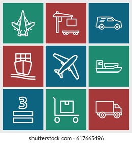 Cargo icons set. set of 9 cargo outline icons such as 3 allowed, delivery car, plane, ship