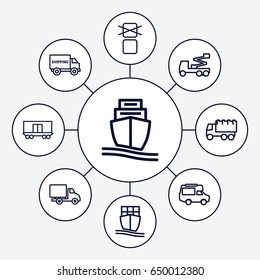 Cargo icons set. set of 9 cargo outline icons such as truck, crane, van, delivery car