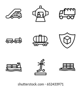 Cargo icons set. set of 9 cargo outline icons such as truck with luggage, truck crane, truck, no standing nearby