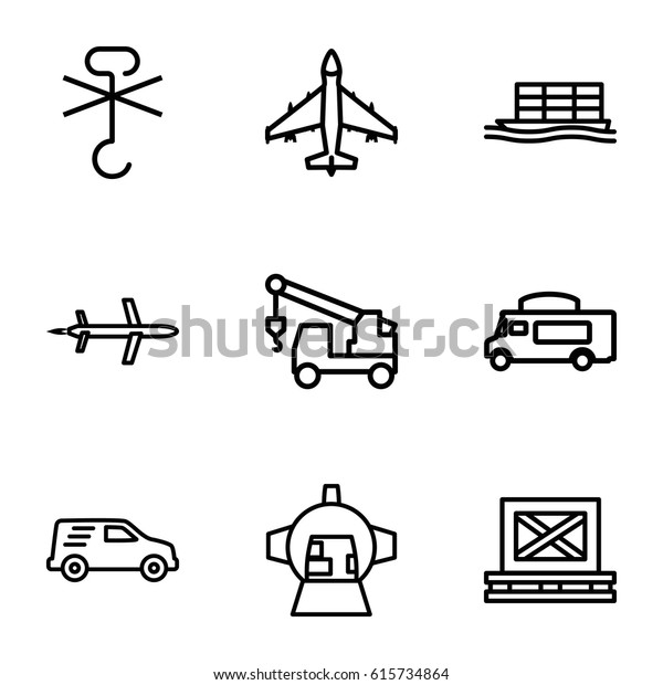 Cargo\
icons set. set of 9 cargo outline icons such as truck with hook,\
van, delivery car, luggage compartment in\
airplane