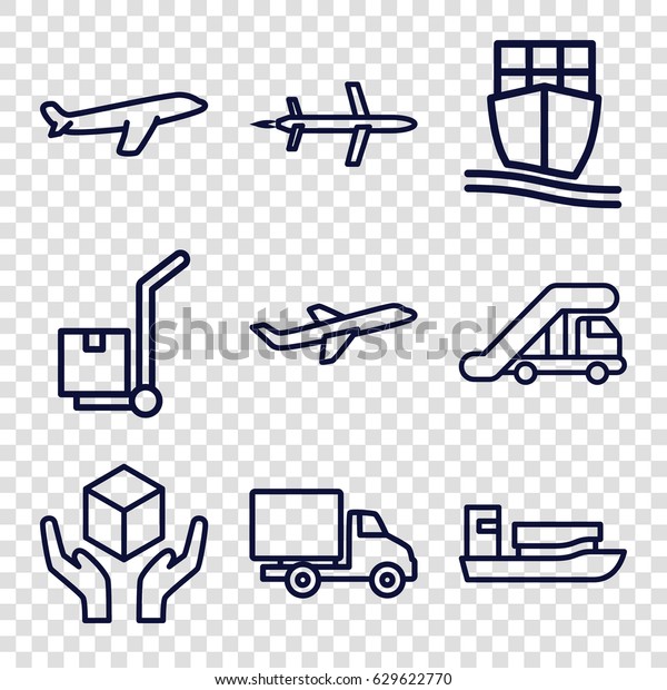 Cargo icons set. set of 9\
cargo outline icons such as truck crane, plane, handle with care,\
delivery car