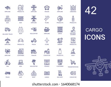 cargo icons set. Collection of cargo with airplane, products, wagon, unboxing, box, plane, delivery truck, boat, helicopter, crate, delivery courier. Editable and scalable cargo icons.