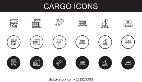 cargo icons set. Collection of cargo with container, plane, stock, boat, conveyor. Editable and scalable cargo icons.