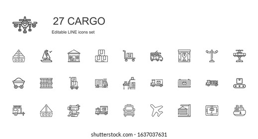 cargo icons set. Collection of cargo with container, plane, van, delivery truck, airship, boat, mail truck, conveyor, truck, delivery, box. Editable and scalable cargo icons.