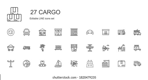 cargo icons set. Collection of cargo with container, boat, airplane, conveyor, products, rack, stock, helicopter, truck, wagon, box, crate. Editable and scalable cargo icons.