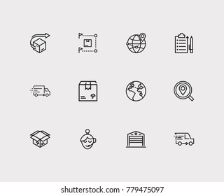 Cargo icons set with delivery, delivery network and delivery box. Set of cargo icons also including find address sign for your web app logo UI design.