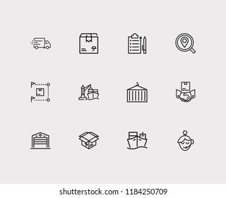 Cargo icons set. Distribution and cargo icons with cargo, truck and delivery ship. Set of lift for web app logo UI design.