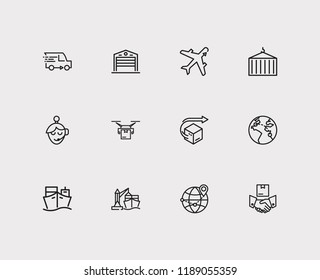 Cargo icons set. Logistics and cargo icons with delivery airplane, ship container and drone delivery. Set of lift for web app logo UI design.