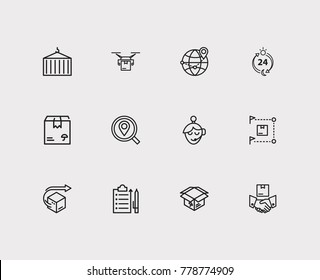 Cargo icons set with logistics, global logistics and distribution. Set of cargo icons also including find address sign for your web app logo UI design.