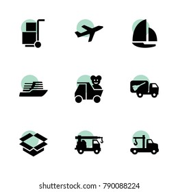 Cargo icons. vector collection filled cargo icons set.. includes symbols such as tow truck, garbage truck, cargo, packaging, airplane. use for web, mobile and ui design.