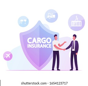 Cargo Insurance Concept Businessmen Shaking Hands Making Deal for Safe Shipping Freight front of Huge Shield Symbol. Defence of Import and Export Logistics Business. Cartoon Flat Vector Illustration