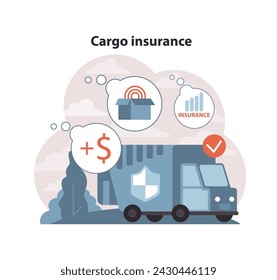 Concepto de seguro de carga. Logística y protección de carga con garantía financiera. Transporte seguro de mercancías bajo póliza asegurada. Ilustración vectorial plana.