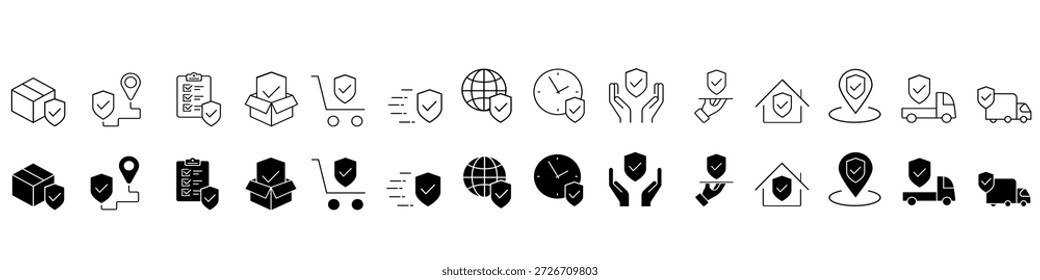 Conjunto de ícones do vetor de seguro de carga. Entrega segura Coleção de sinais de ilustração. Símbolo de transporte de carga, logotipo.