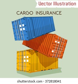 Cargo insurance -vector illustration.  Trucking. Marine vector containers. Isolated sea containers on a light background.