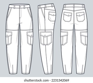 Cargo Jeans Pants technical fashion Illustration.  Jeans Pants fashion flat technical drawing template, pockets, front, side  and back view, white, women, men, unisex CAD mockup.