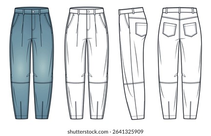 Cargo Jeans Technical Fashion Illustration. Barrel Leg Denim Pants fashion flat technical drawing template, pockets, front, back view and side view,  white, blue, women, men, unisex CAD mockup set.