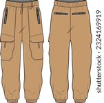 Cargo Jogger bottom Pants design flat sketch vector illustration, Utility pockets pants concept with front and back view, Sweatpants for running, jogging, fitness, and active wear pants design.