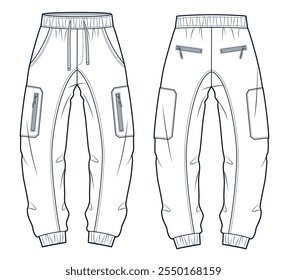 Cargo Jogger Pants fashion flat technical drawing template. Jersey Pants technical fashion illustration, elastic waistband, pockets, front and back view, white, women, men, unisex CAD mockup.