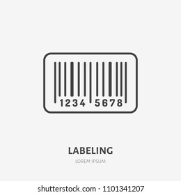 Cargo labeling flat line icon. Barcode tag sign. Thin linear logo for retail services.