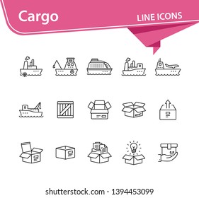 Cargo line icon set. Ships and cargo packages concept.Vector illustration can be used for topics like marine, transportation, export