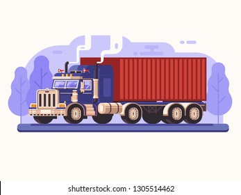 Cargo load truck on road concept. Container trucks worldwide logistic transportation. Freight lorry delivery scene in flat design. Commercial shipping illustration with heavy trailer vehicle.