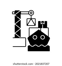 Cargo loading black linear icon. Container ship. Vessel loading, unloading procedure. Sea freight transport. Cargo container stowage. Outline symbol on white space. Vector isolated illustration