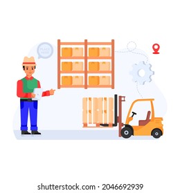 Ilustración plana de elevación de horquilla de carga, vector editable 