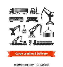 Cargo loading, lifting and delivery icons set. EPS10 vector.