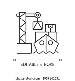 Cargo loading linear icon. Container ship. Vessel unloading procedure. Sea freight transport. Thin line customizable illustration. Contour symbol. Vector isolated outline drawing. Editable stroke