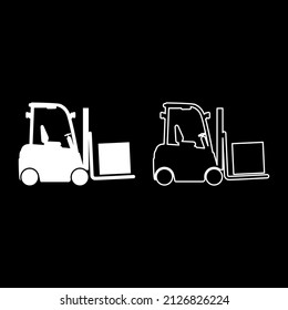 Cargo loading machine forklift truck for lifting box goods in warehouse fork lift loader freight set icon white color vector illustration image simple solid fill outline contour line thin flat style