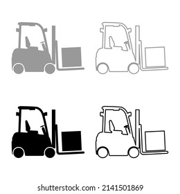 Cargo loading machine forklift truck for lifting box goods in warehouse fork lift loader freight set icon grey black color vector illustration image solid fill outline contour line thin flat style