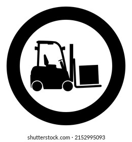Cargo loading machine forklift truck for lifting box goods in warehouse fork lift loader freight icon in circle round black color vector illustration image solid outline style