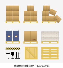 Ladungsverladevorgang, Versand, Lieferung, Kisten und Stapler-Hubpakete. Flaches Vektorillustration-Illustration