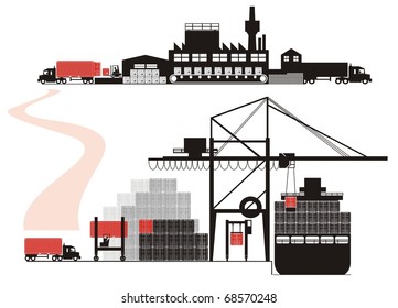 Cargo loading, stuffing and vessel loading - Supply chain vector illustration set (Part Two - from empty container positioning to full container being loaded on a container vessel)