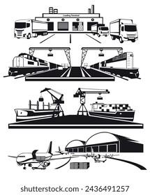 Terminal de carga de carga de aire barco tren camión transporte logístico negro monocromo conjunto isométrico ilustración vectorial. Importación industrial de mercancías de exportación entrega global por vía aérea