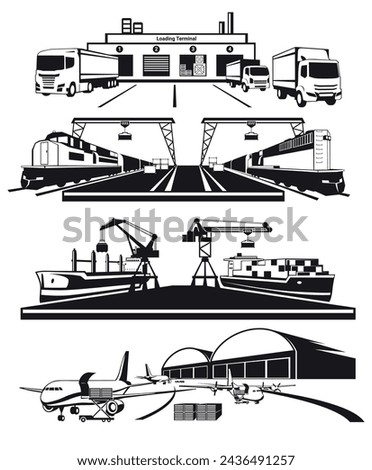 Cargo loading terminal air ship train truck logistic transportation black monochrome set isometric vector illustration. Industrial import export freight global delivery by plane marine railways van