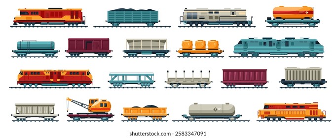 Cargo locomotive. Freight railway train and coal transportation wagon, railroad heavy transport vehicles, heavy goods transport, cargo logistic concept. Vector isolated set.