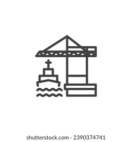 Cargo logistic port line icon. linear style sign for mobile concept and web design. Container ship and crane outline vector icon. Freight Transportation symbol, logo illustration. Vector graphics