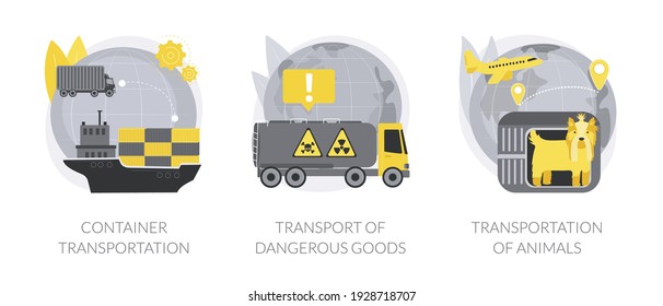 Cargo logistics abstract concept vector illustration set. Container transportation, transport of dangerous goods and animals, ship loading, hazard classes, slaughterhouse abstract metaphor.