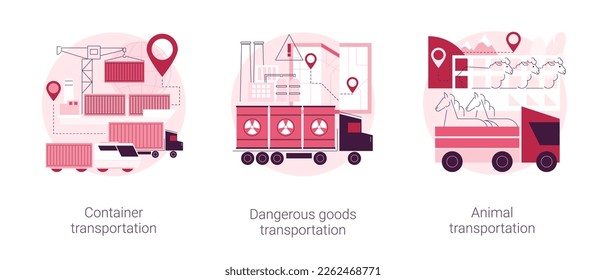 Cargo logistics abstract concept vector illustration set. Container transportation, transport of dangerous goods and animals, ship loading, hazard classes, slaughterhouse abstract metaphor.