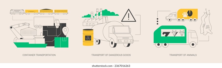 Cargo logistics abstract concept vector illustration set. Container transportation, transport of dangerous goods and animals, ship loading, hazard classes, slaughterhouse abstract metaphor.